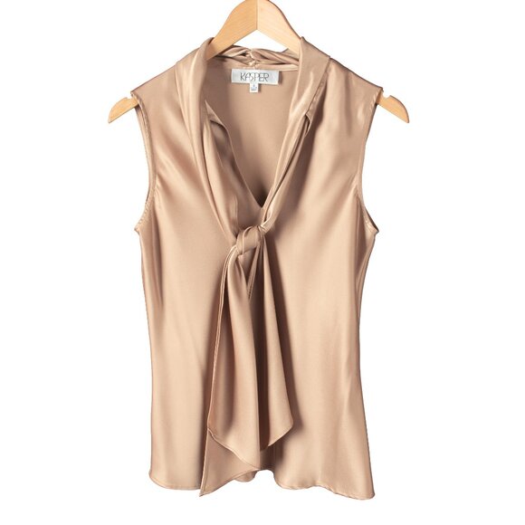 Kasper Tops - Satin Metallic Champagne Gold Tie Front Sleeveless V-Neck Blouse
